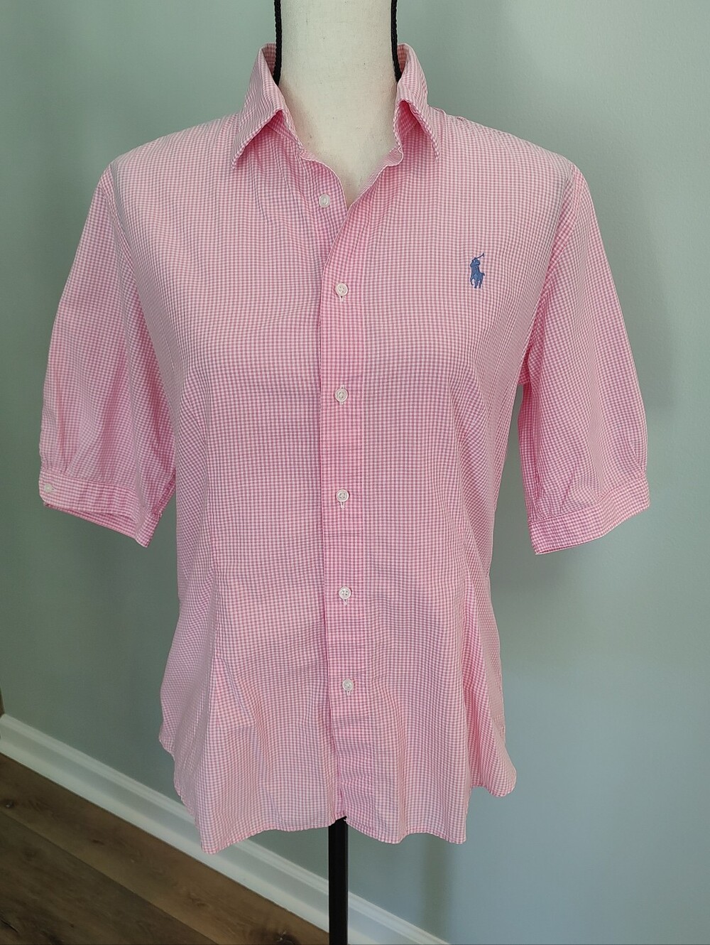 Ralph Lauren Women's Gingham Pink Polo Short Sleeve Cotton Preppy Shirt Size 14